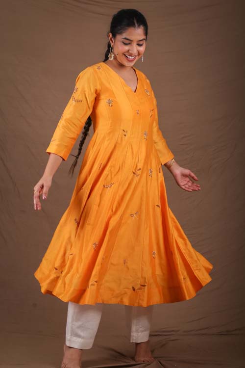 Urmul Desert Crafts- "CHAMELI" Mustard Chanderi Kalidar Kurta
"