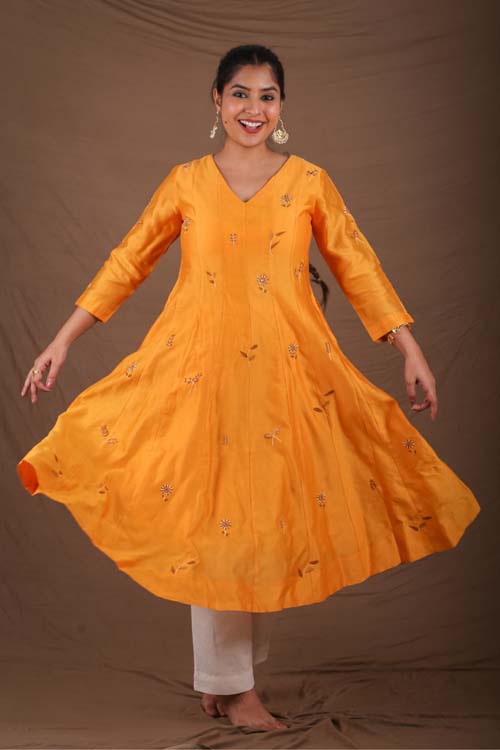 Urmul Desert Crafts- "CHAMELI" Mustard Chanderi Kalidar Kurta
"