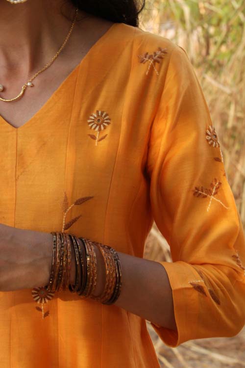 Urmul Desert Crafts- "CHAMELI" Mustard Chanderi Kalidar Kurta
"