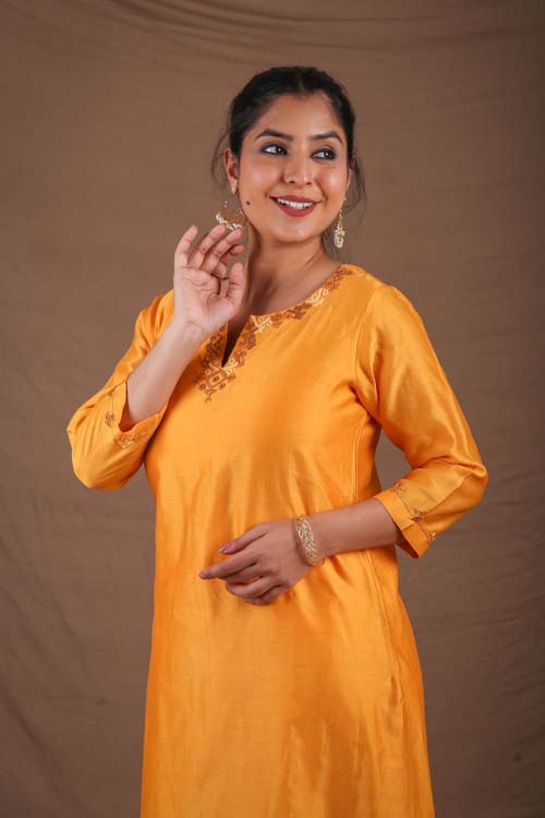 Urmul Desert Crafts-  "DEVOLEEN" Mustard Chanderi Kurta