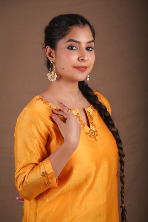 Urmul Desert Crafts-  "DEVOLEEN" Mustard Chanderi Kurta