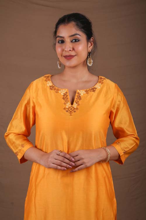 Urmul Desert Crafts-  "DEVOLEEN" Mustard Chanderi Kurta