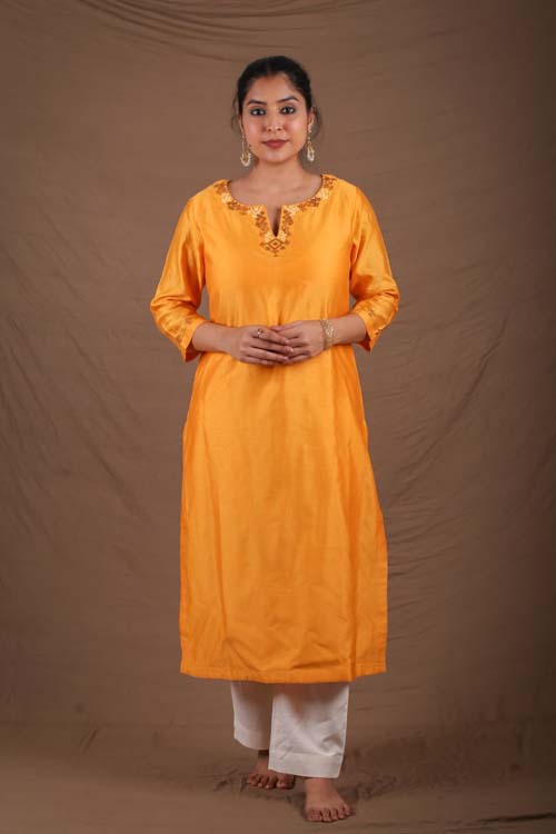 Urmul Desert Crafts-  "DEVOLEEN" Mustard Chanderi Kurta