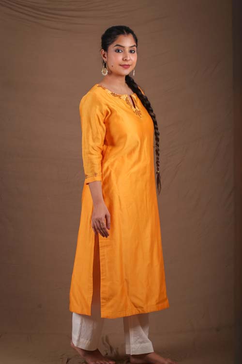 Urmul Desert Crafts-  "DEVOLEEN" Mustard Chanderi Kurta