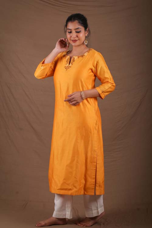 Urmul Desert Crafts-  "DEVOLEEN" Mustard Chanderi Kurta