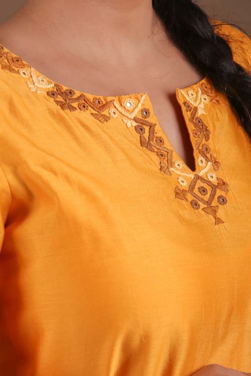 Urmul Desert Crafts-  "DEVOLEEN" Mustard Chanderi Kurta