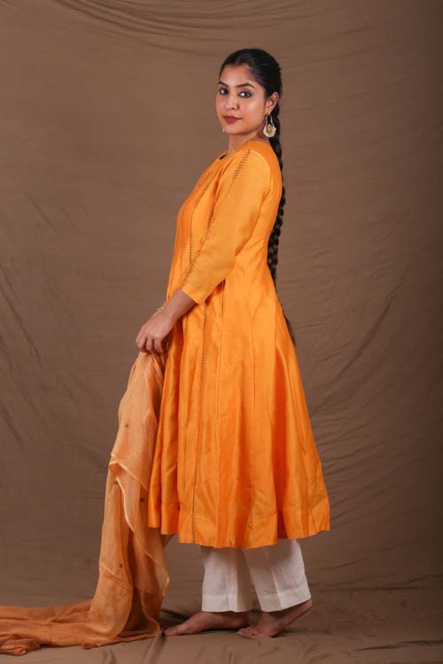 Urmul Desert Crafts "SEWAN" Mustard Chanderi Kalidar Kurta