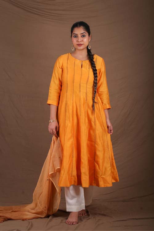 Urmul Desert Crafts "SEWAN" Mustard Chanderi Kalidar Kurta