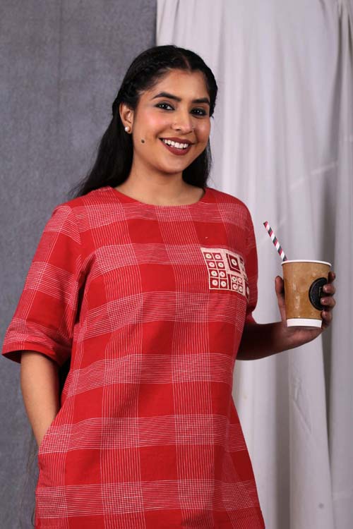 Urmul Desert Crafts "SUNSET" Red Checks Dress