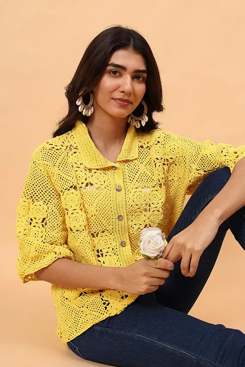 Ajoobaa "Floral Square" Crochet Shirt - Yellow