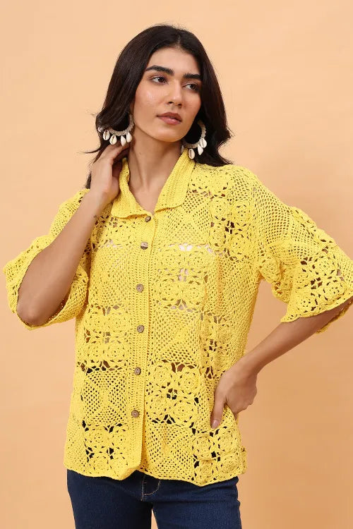 Ajoobaa "Floral Square" Crochet Shirt - Yellow