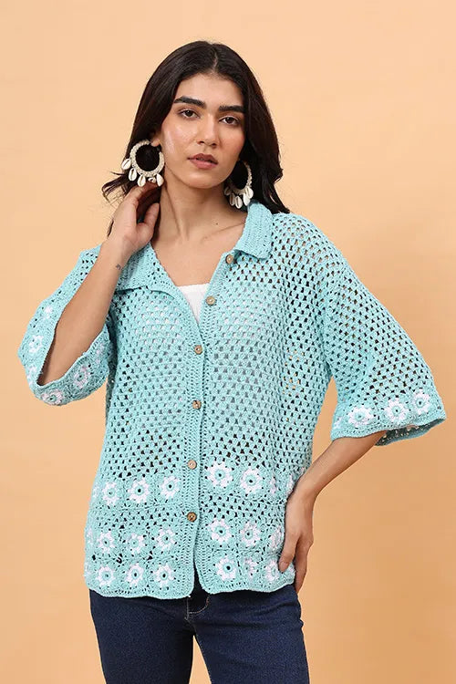 Ajoobaa "Daisy" Crochet Shirt - Sky Blue