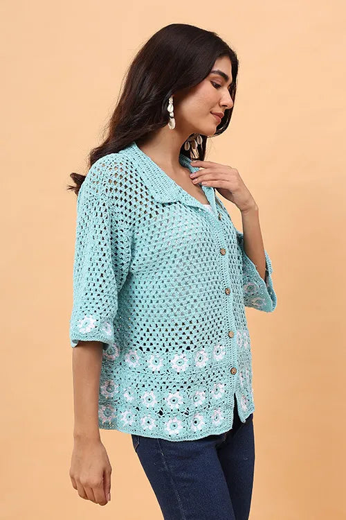 Ajoobaa "Daisy" Crochet Shirt - Sky Blue