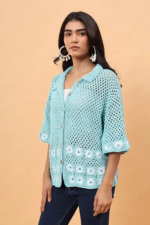 Ajoobaa "Daisy" Crochet Shirt - Sky Blue