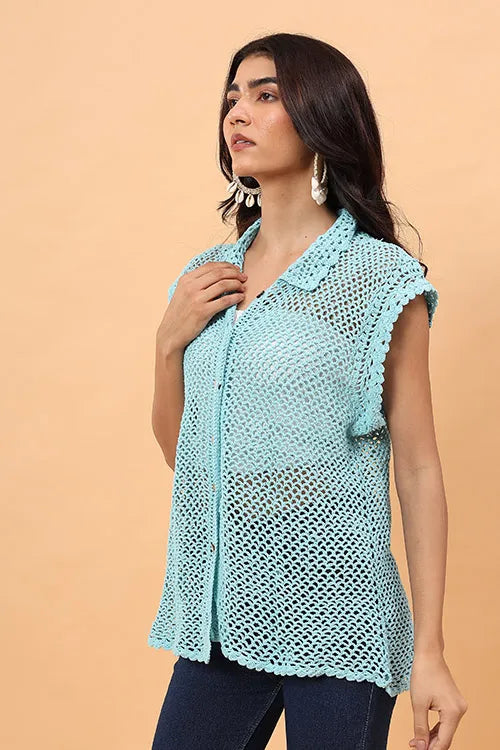 Ajoobaa "Mesh" Crochet Shirt - Sky Blue