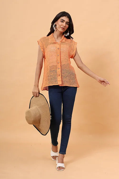 Ajoobaa "Mesh" Crochet Shirt - Orange