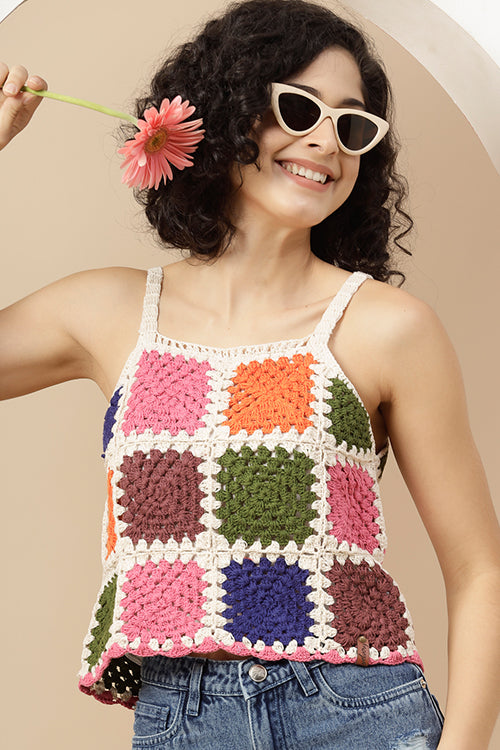 Ajoobaa Pure Cotton Crochet Color Block Top