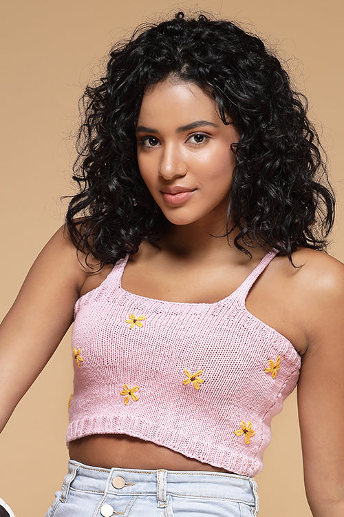 Ajoobaa "Floral" Embroidered Handknitted Top- Pink