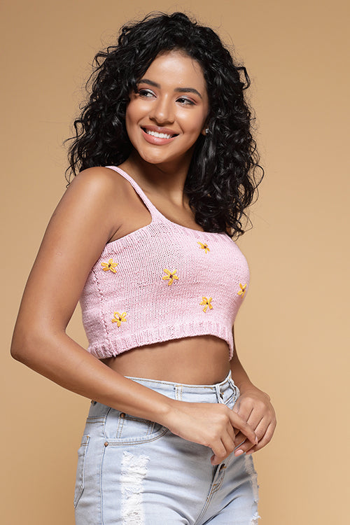 Ajoobaa "Floral" Embroidered Handknitted Top- Pink