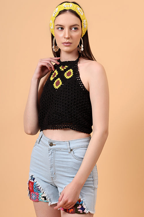 Ajoobaa Halternck  "Sunflower" Crochet Black Top