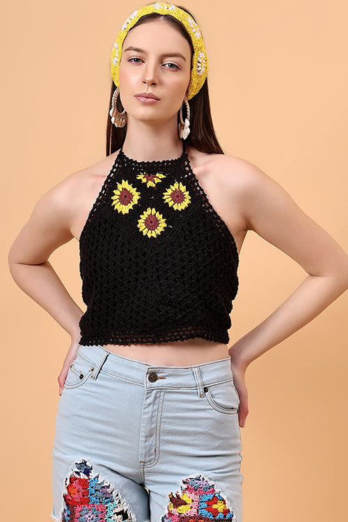 Ajoobaa Halternck  "Sunflower" Crochet Black Top
