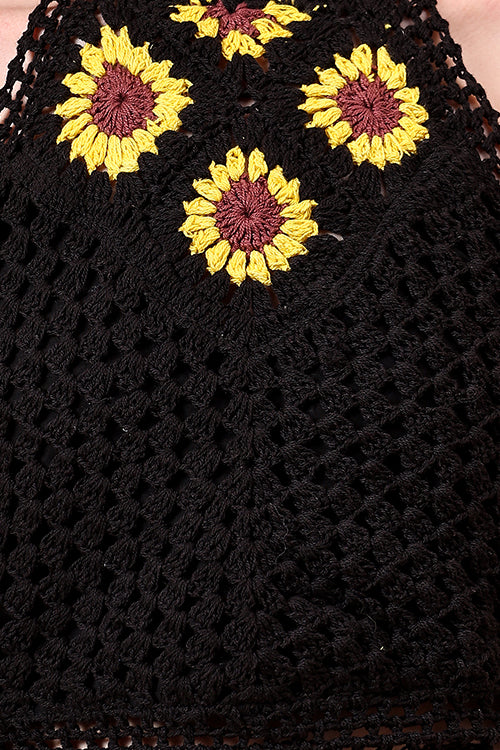 Ajoobaa Halternck  "Sunflower" Crochet Black Top