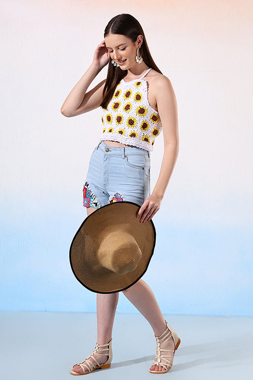 Ajoobaa Halternck  "Sunflower" Crochet White Top