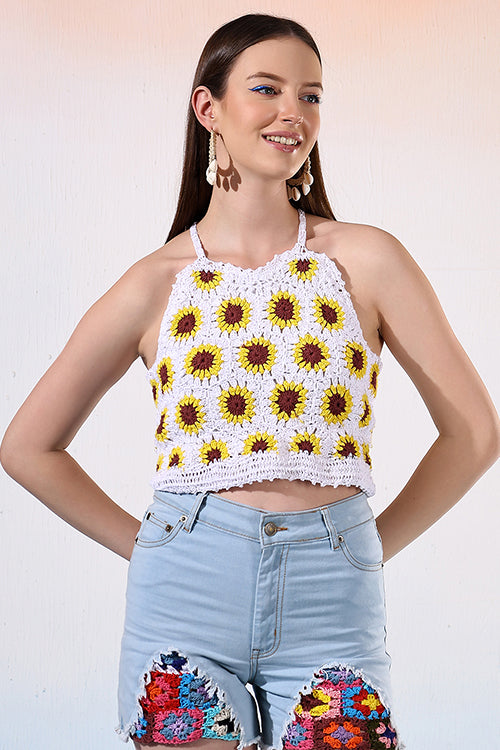 Ajoobaa Halternck  "Sunflower" Crochet White Top