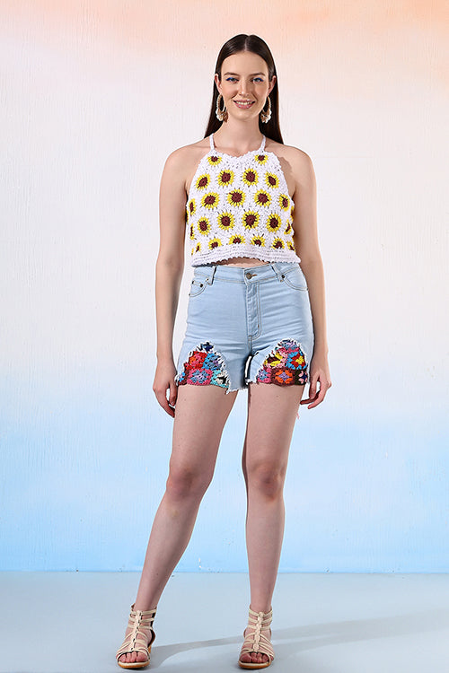 Ajoobaa Halternck  "Sunflower" Crochet White Top