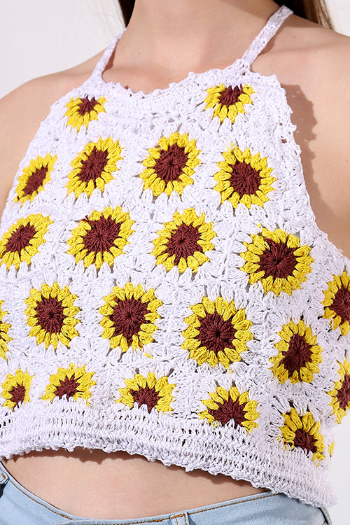 Ajoobaa Halternck  "Sunflower" Crochet White Top
