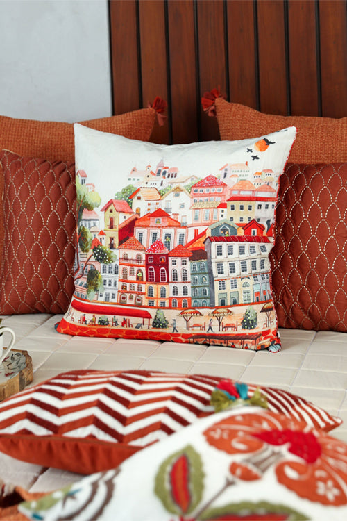 Onset Homes Nagari Hand Embroidered Cushion-Rust