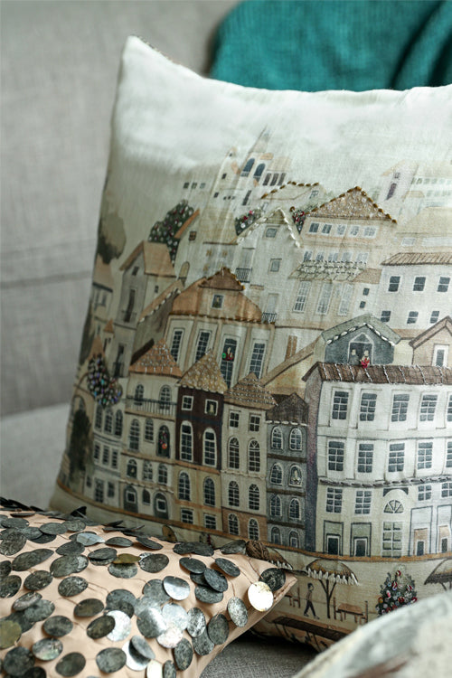 Onset Homes Nagari Hand Embroidered Cushion-Brown