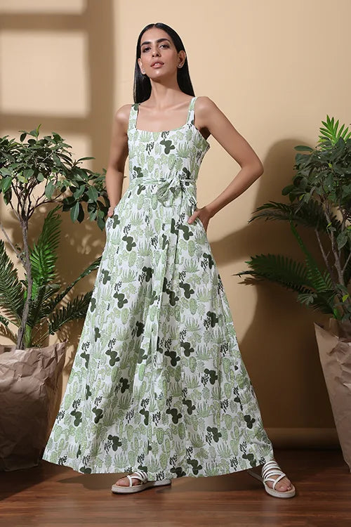 Okhai 'Succulent' Hand Block Printed Pure Cotton Jumpsuit - Green