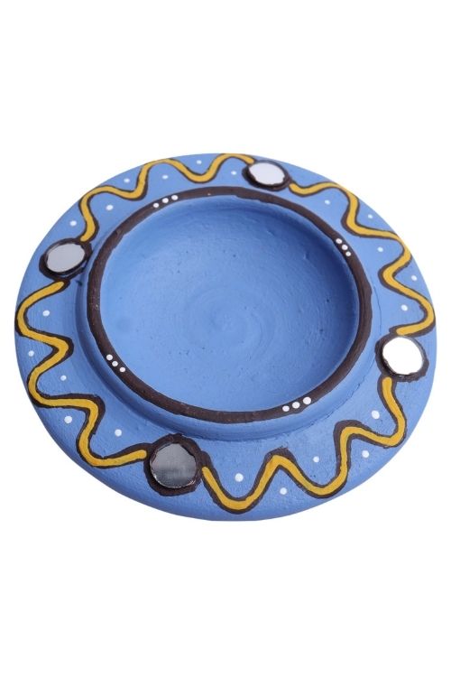Antarang- Terracotta- Handcrafted- Blue Long Diya