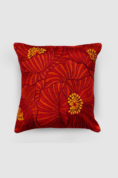 Zaina By Ctok Poppies Chainstitch Embroidered Cushion Cover Red & Yellow