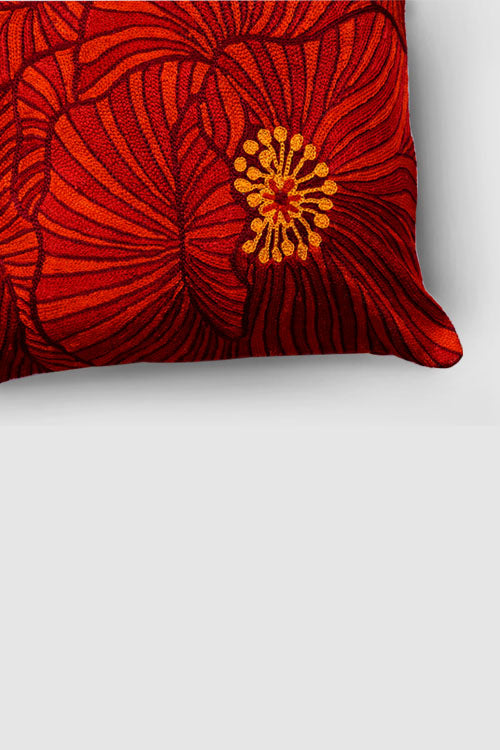 Zaina By Ctok Poppies Chainstitch Embroidered Cushion Cover Red & Yellow