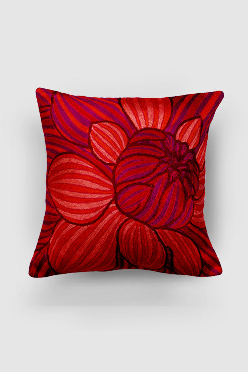 Zaina By Ctok Dahlias Chainstitch Embroidered Cushion Cover Red & Yellow