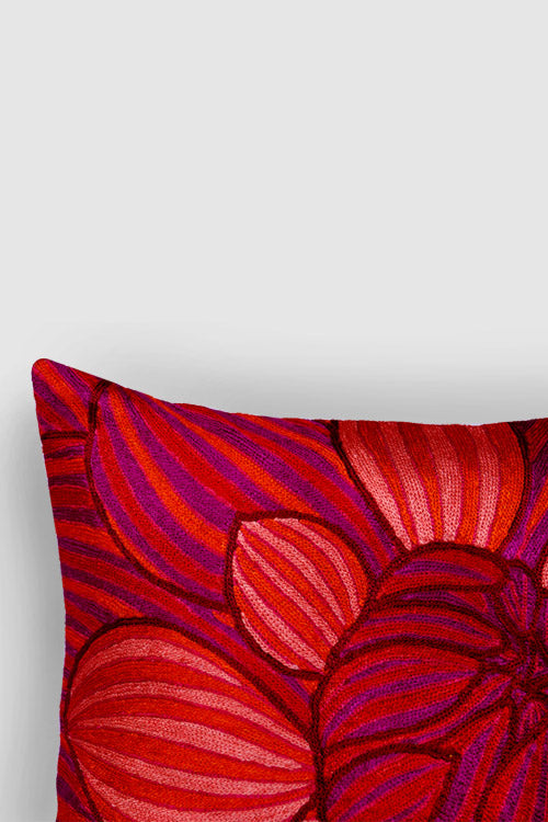 Zaina By Ctok Dahlias Chainstitch Embroidered Cushion Cover Red & Yellow
