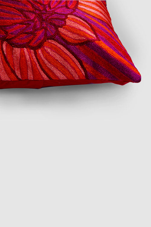Zaina By Ctok Dahlias Chainstitch Embroidered Cushion Cover Red & Yellow