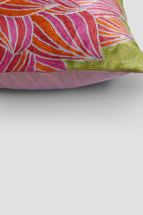 Lotus Chainstitch Embroidered  Cushion Cover - Pastel