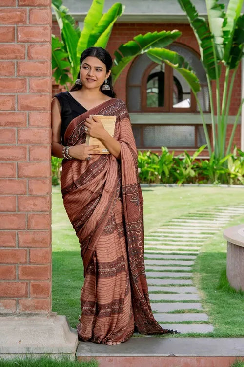 Craftroots Ajrakh Modal Saree With Handmade Tassels