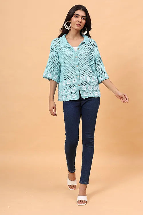 Ajoobaa "Daisy" Crochet Shirt - Sky Blue