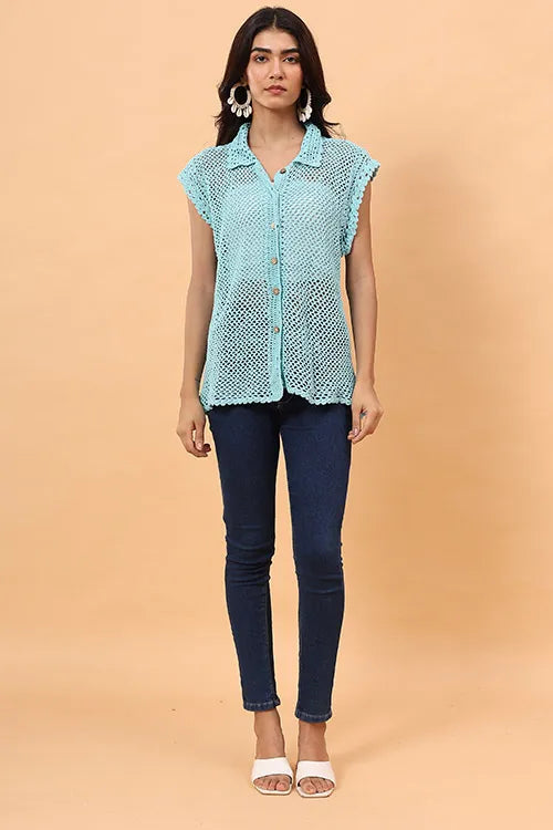 Ajoobaa "Mesh" Crochet Shirt - Sky Blue