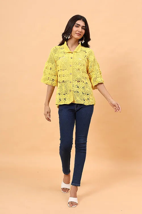 Ajoobaa "Floral Square" Crochet Shirt - Yellow