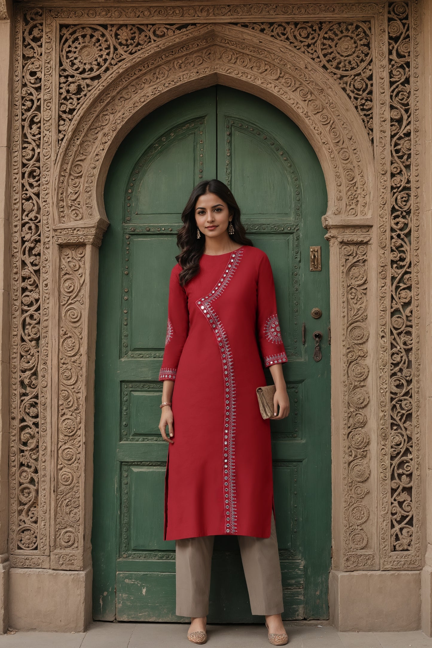 Okhai 'Red Ruby' Embroidered Cotton Kurta