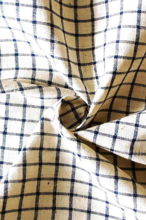Moralfibre Fabric Is 100% Cotton Organic Handspun Handwoven, Cream & Blue Organic Or Natural Yarn Dyed Checks Fabric