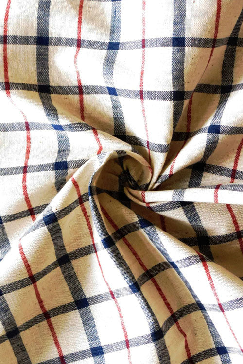 Moralfibre Fabric Is 100% Cotton Organic Handspun Handwoven, Blue & Red Organic Or Natural Yarn Dyed Checks Fabric