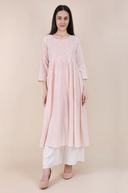 Shwet Women Powder Pink Hand Embroidered Chikankari Kali Kurti