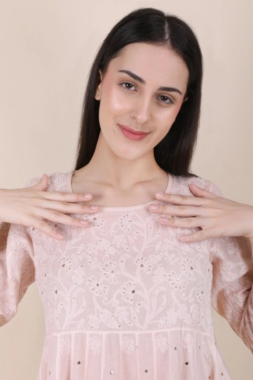 Shwet Women Powder Pink Hand Embroidered Chikankari Kali Kurti