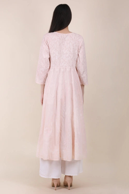 Shwet Women Powder Pink Hand Embroidered Chikankari Kali Kurti